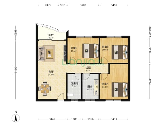 黄金台小区 3室1厅1卫 95平方