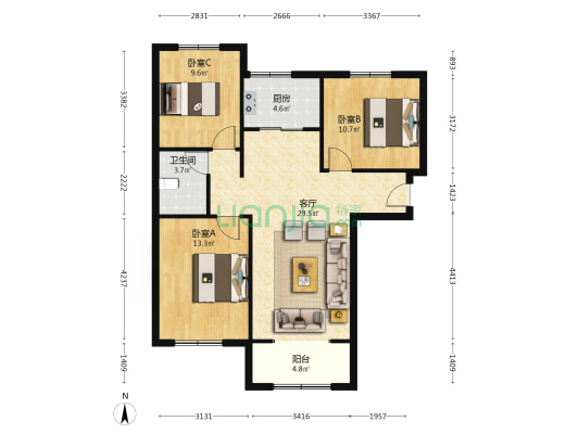 业主急售，精装修南北通透三居，拎包入住-户型图