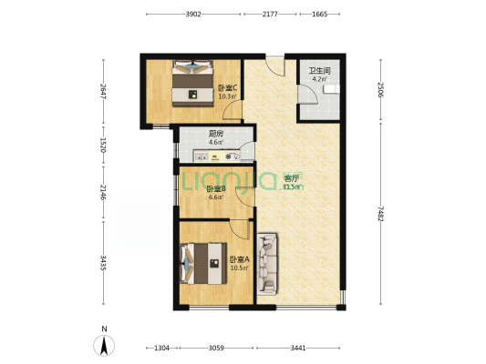 鸿坤理想湾南区 3室1厅 南-户型图