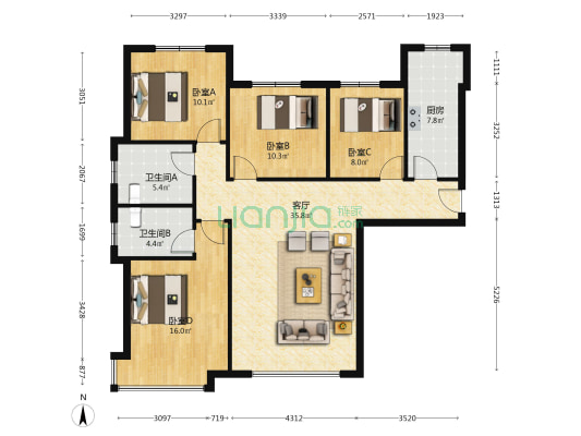精装修 南北通透4居室 2卫 拎包入住 高楼层-户型图