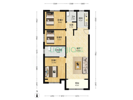 时代城 3室1厅2卫 105平方