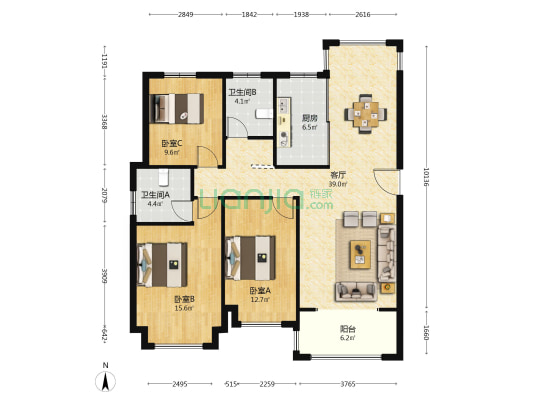 晶宫天悦东区 3室1厅2卫 128平方