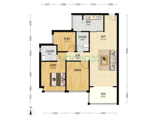 青塘湖畔花园 2室1厅2卫 97平方