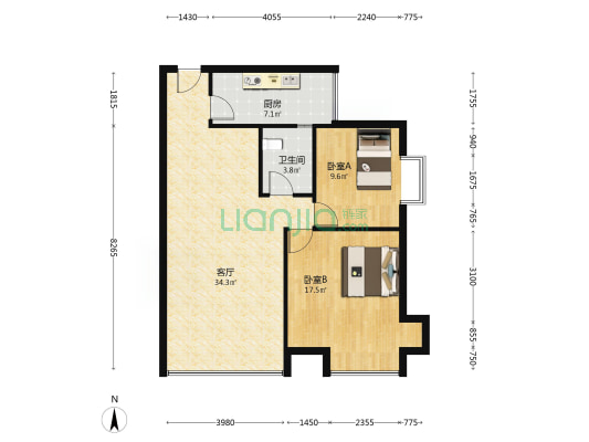 城市广场 2室1厅1卫 85平方
