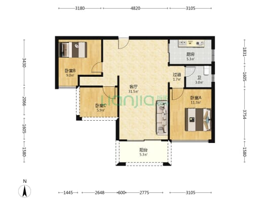 新怡名门花园 3室1厅1卫 89平方