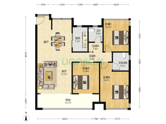 鑫龙汉江一号 3室1厅2卫 126平方