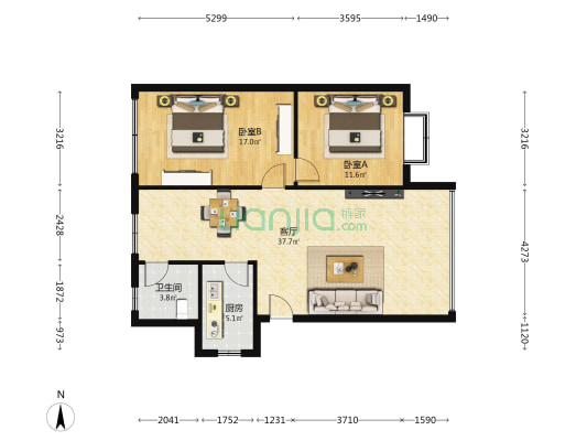 东海雅苑 2室1厅1卫 89平方