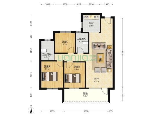 高新区集中供暖南北通透毛坯小三居-户型图