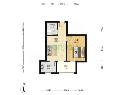 朝南正规一室一厅 简单装修 视野好 户型方正-户型图