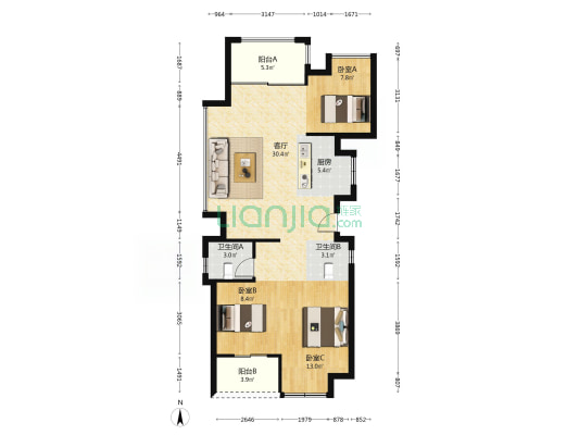 国贸建发保利悦湖 3室1厅2卫 95平方
