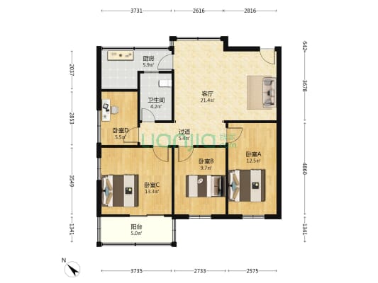 轻工大厦(爱国路) 4室1厅1卫 93平方
