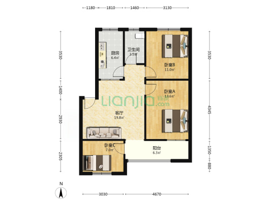 开明中学教师宿舍 3室1厅1卫 84平方