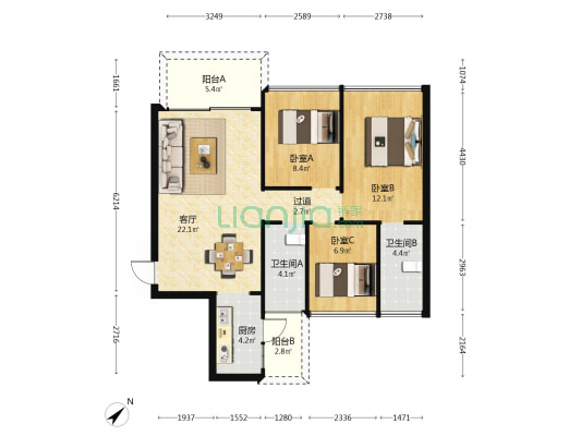 德馨俪苑 3室1厅2卫 86平方