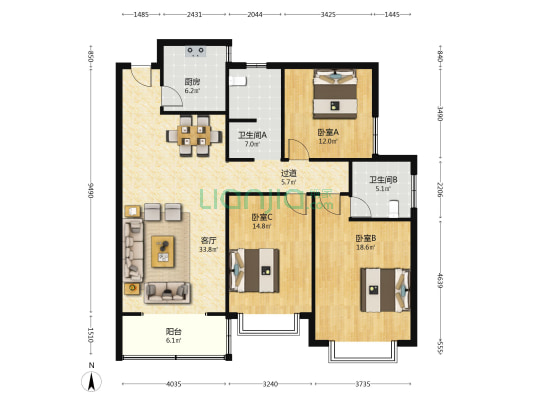 广惠花园 3室1厅2卫 143平方