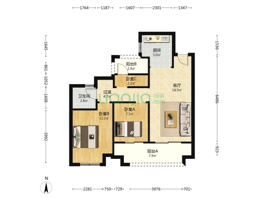 中梁海伦堡滨湖云璟 3室1厅1卫 87平方
