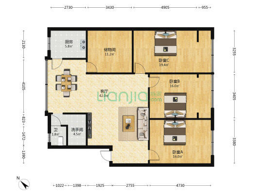 建安公司宿舍 3室1厅2卫 137平方