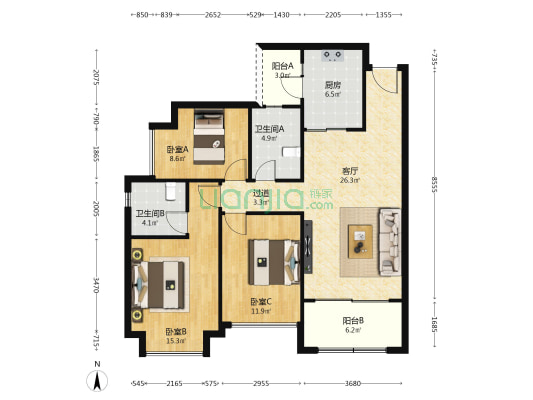 恒大林溪郡 3室1厅2卫 115平方