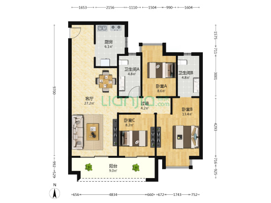 新力大境天城1期 3室1厅2卫 114平方