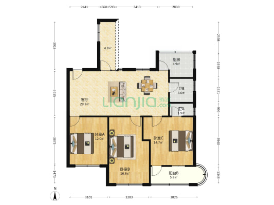 天河军休三所 3室1厅2卫 111平方