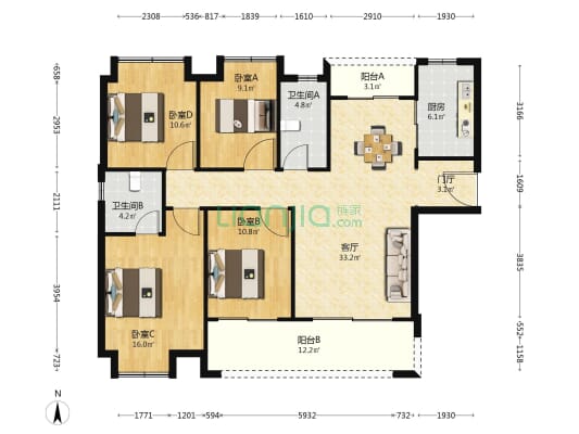 国欣·向荣广场 4室1厅2卫 141平方