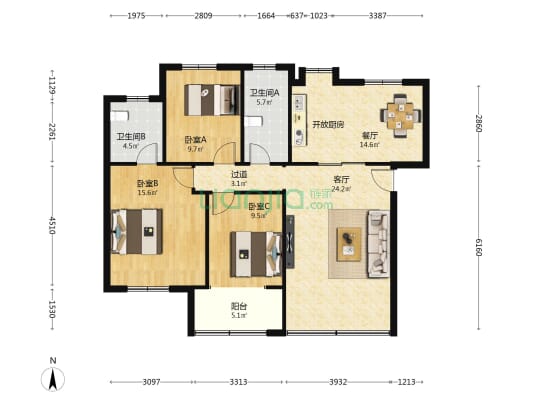 石长华天宿舍 3室2厅2卫 105平方