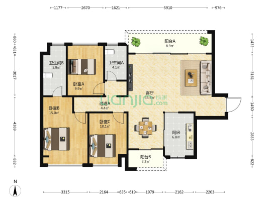 海口仁恒滨江园 3室1厅2卫 134平方