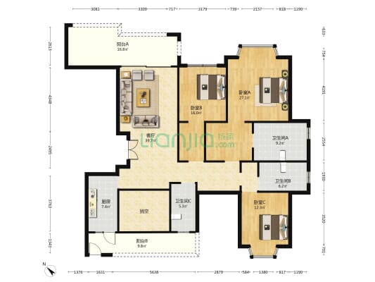 乐湾国际城 3室1厅3卫 175平方