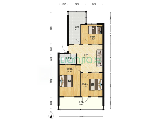 学院北路107号院 3室1厅1卫 80平方
