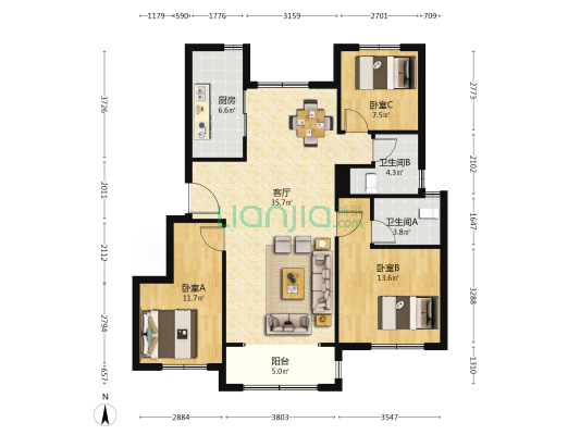 新和锦园 3室1厅2卫 117平方