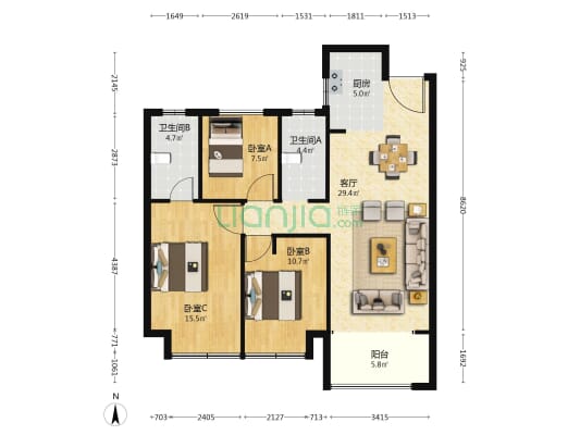 国欣·向荣广场 3室1厅2卫 106平方