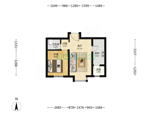 将府锦苑5号院 1室1厅1卫 50平方