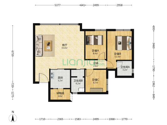 学樘金茂悦二期 3室1厅2卫 88平方