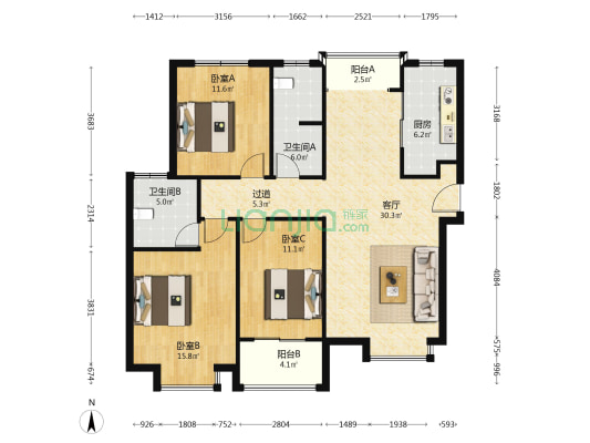 科新苑C区 3室1厅2卫 136平方