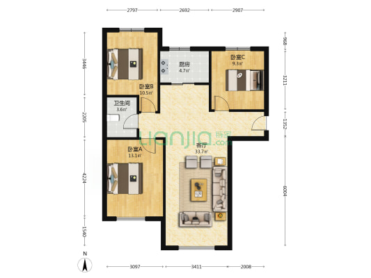 K2狮子城南区 3室1厅 南 北-户型图