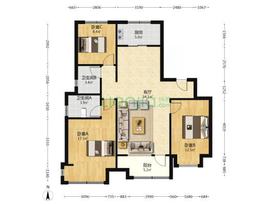 樾府国际 精装三居改四居 实木家具 品牌家电全留下-户型图