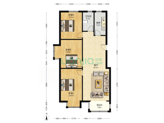 天地新城 3室2厅 南 北-户型图