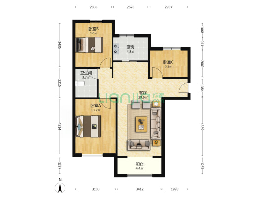 南北通透三居 主卧拐角飘窗 西户 客厅卧室都是落地窗-户型图