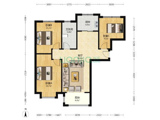 此房业主自住精装修，家具家电齐全，拎包入住-户型图