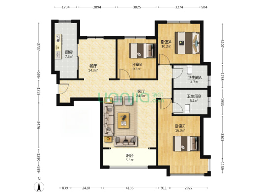 房屋简装，南北通透，好楼层，采光好，-户型图
