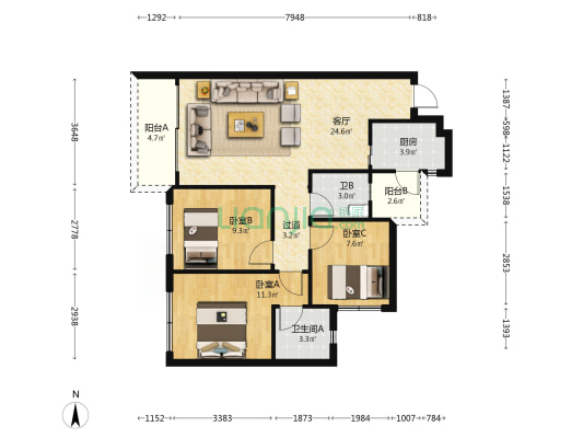 棠湖泊悦西江 3室1厅2卫 89平方