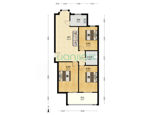 此房是中楼层 户型方正没有面积浪费中等装修 拎包入住-户型图