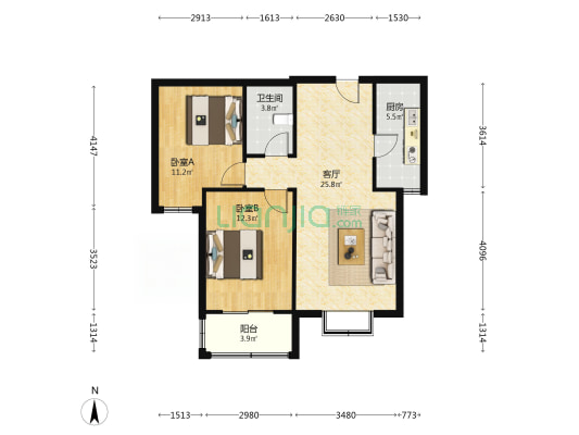 名流美域 2室1厅 南 北-户型图
