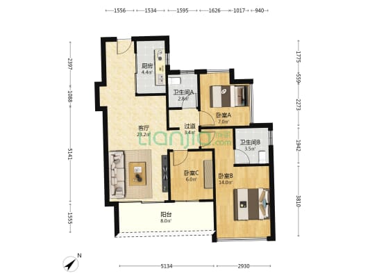 润晖府 3室1厅2卫 89平方