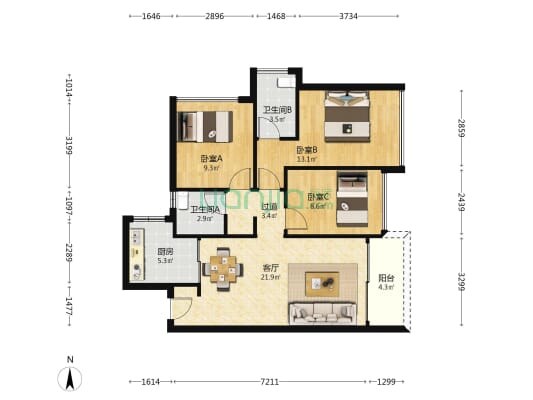 鸿荣源·壹成中心十区 3室1厅2卫 92平方