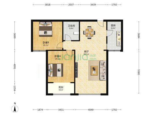高新水晶国际 2室1厅1卫 105平方