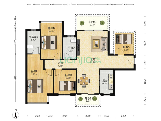 金科城 4室1厅2卫 110平方
