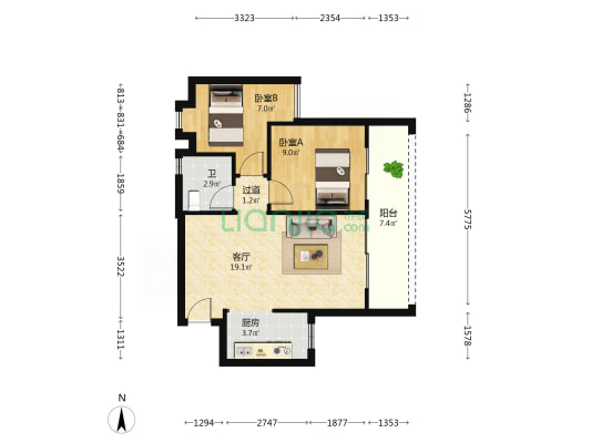 元时代 2室1厅1卫 69平方
