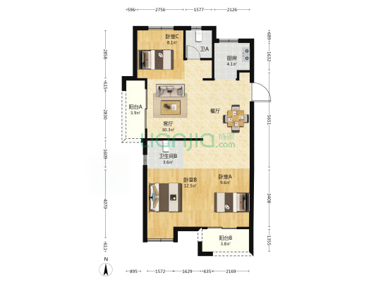 榕发望熙雅筑B区 3室1厅2卫 103平方