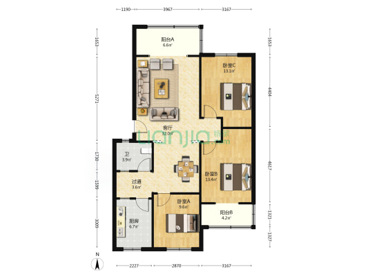 康达园A区 3室1厅1卫 109平方