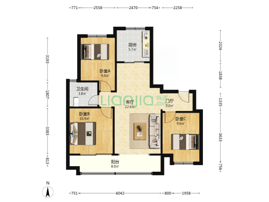 中建蔚蓝之城山茶园 3室1厅1卫 103平方
